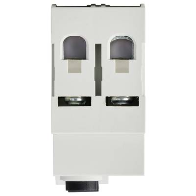 White electrical fuse with two contacts and a black push button at the bottom, used for electrical protection circuits.