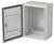 An open grey metal cabinet with a door that swings to the left. The interior is empty, suitable for electrical installations.