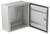 Grey, open metal enclosure with a hinge on the right side and a seal in the doorframe, suitable for electrical installations.