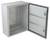 Metallic grey wall-mounted cabinet with an open door, revealing two mounting rails inside.