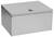 A rectangular, silver metal box with a lid and a small lock in the centre of the top, suitable for secure storage.