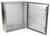 An open metal electrical cabinet with two rails on the inside of the door. Suitable for installing electrical equipment.