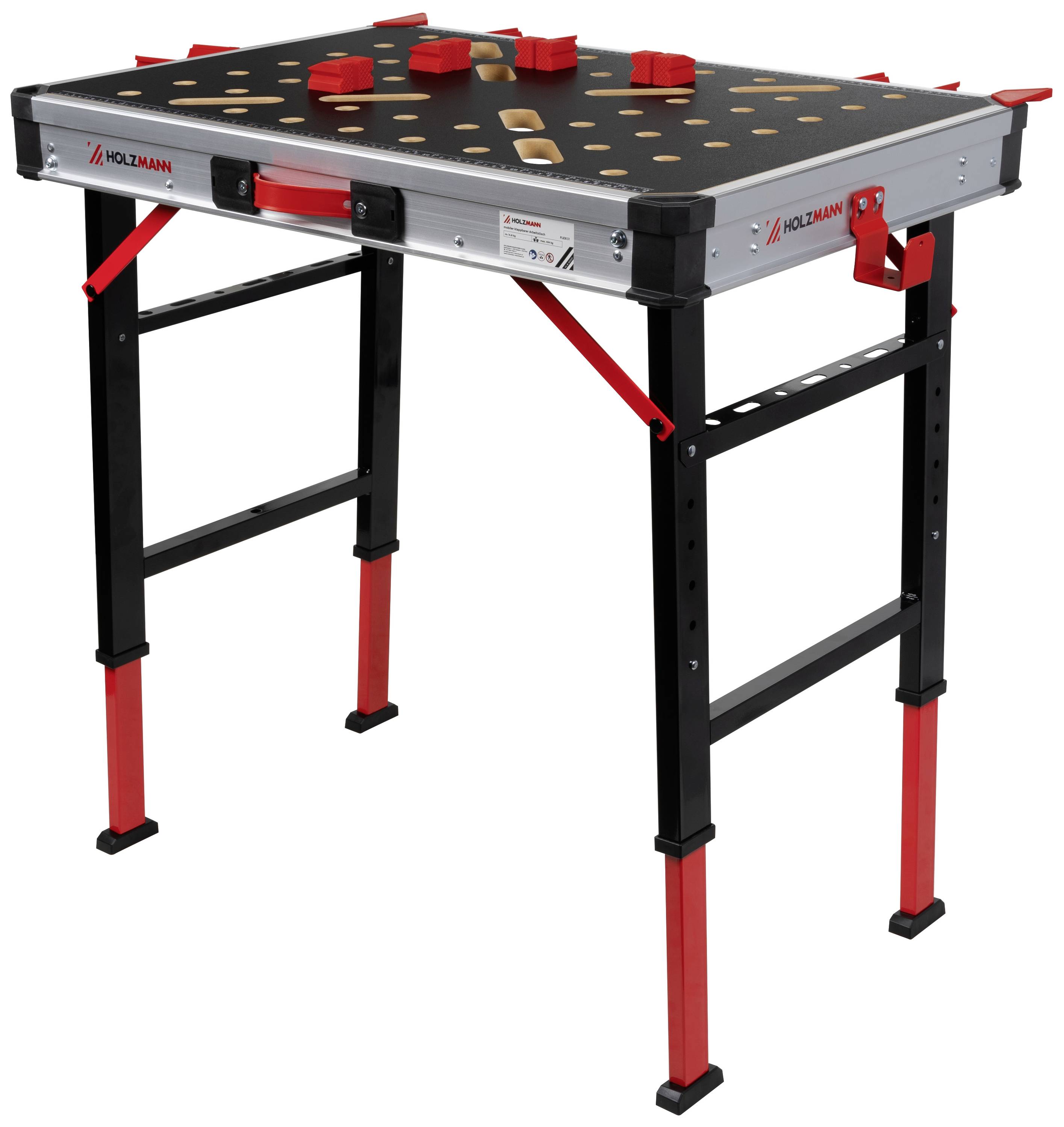 Folding Workbench with a Black Worktop and Red Legs. Adjustable Height, Suitable for Various Craft and DIY Projects.