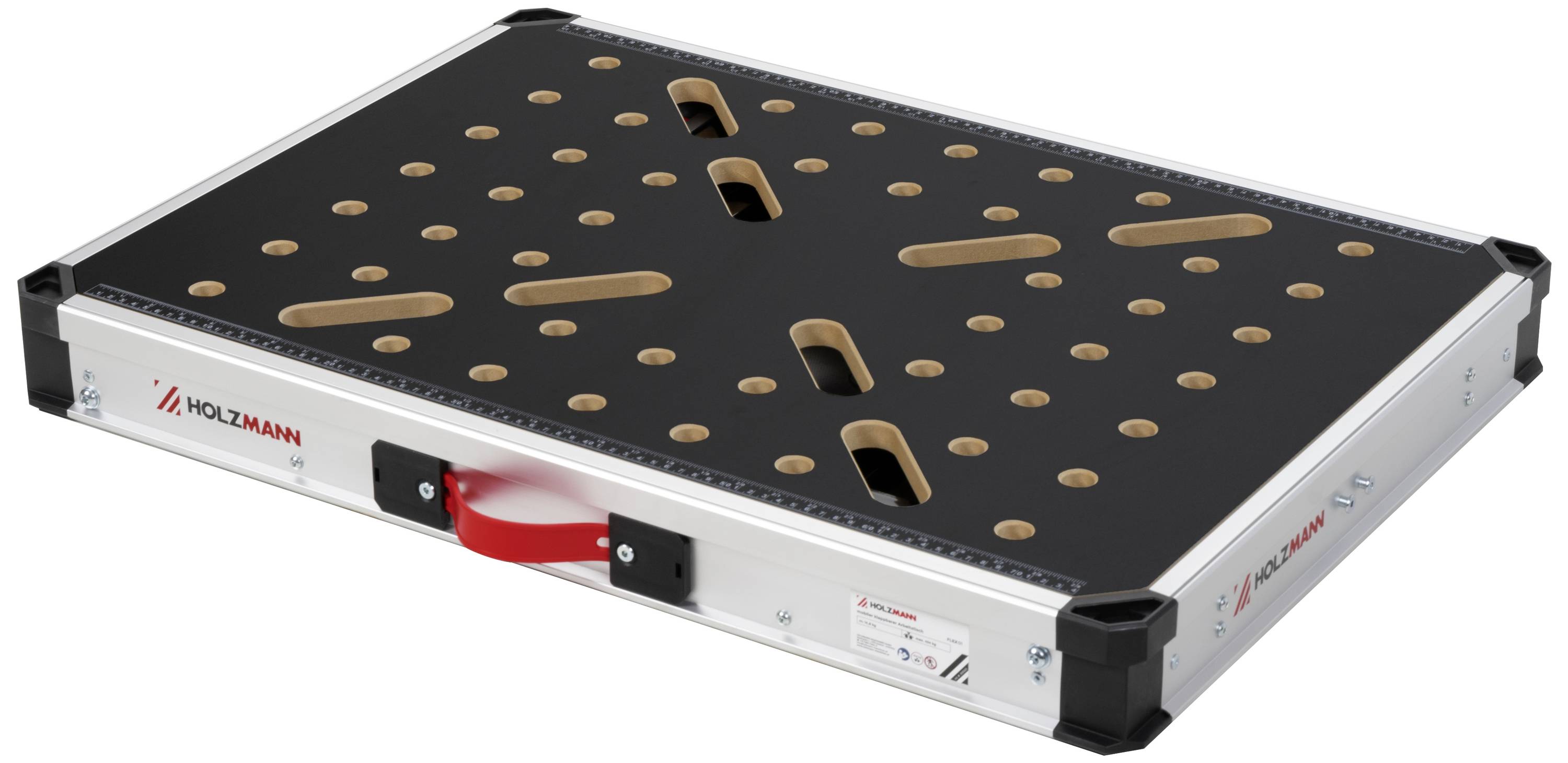 A black and silver workbench with a Holzmann logo, red handles, and multiple drill holes for versatile tool usage.
