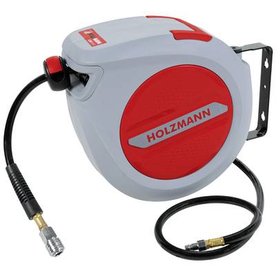 Automatic Air Hose Reel by Holzmann. Contains a long black hose with metal connector, mountable on the wall.