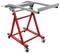Red, folding metal frame with four wheels, suitable for workshop applications; two wheels with brakes for stability.