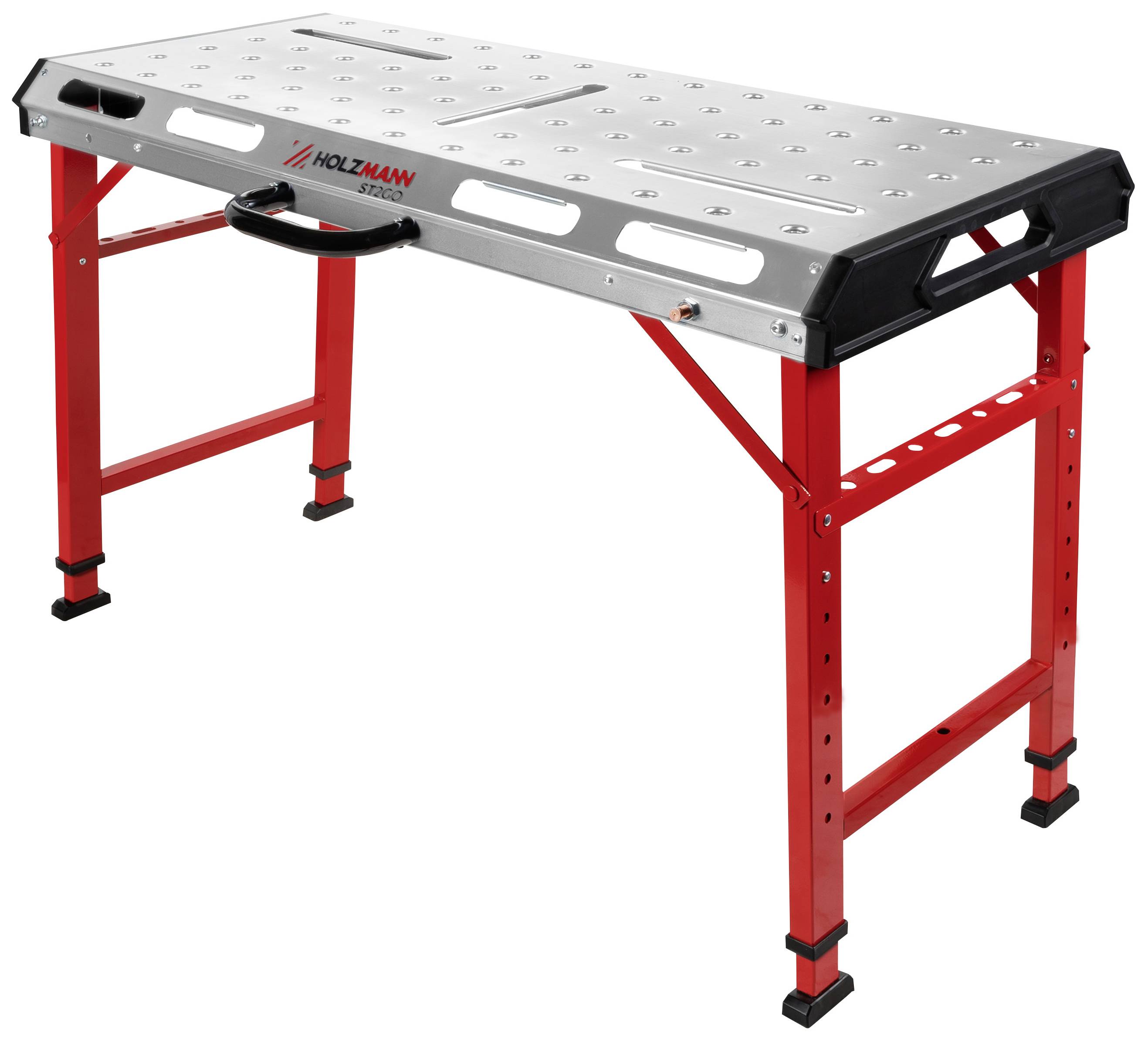 A red, height-adjustable work table with a silver surface and multiple mounting holes.