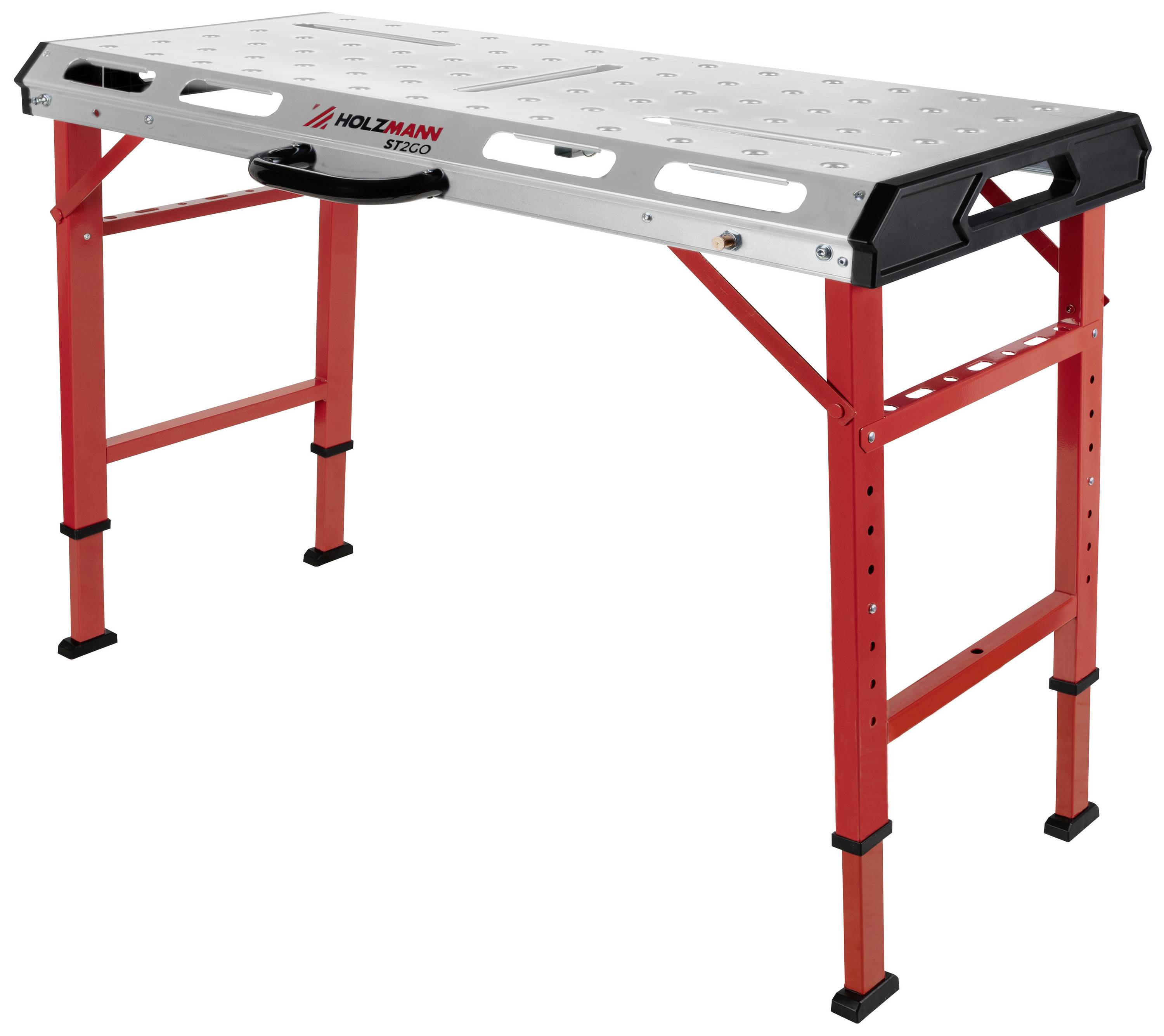 A red workbench with adjustable feet and a grey worktop. The 'Holzmann' brand is visible. Sturdy and robust.