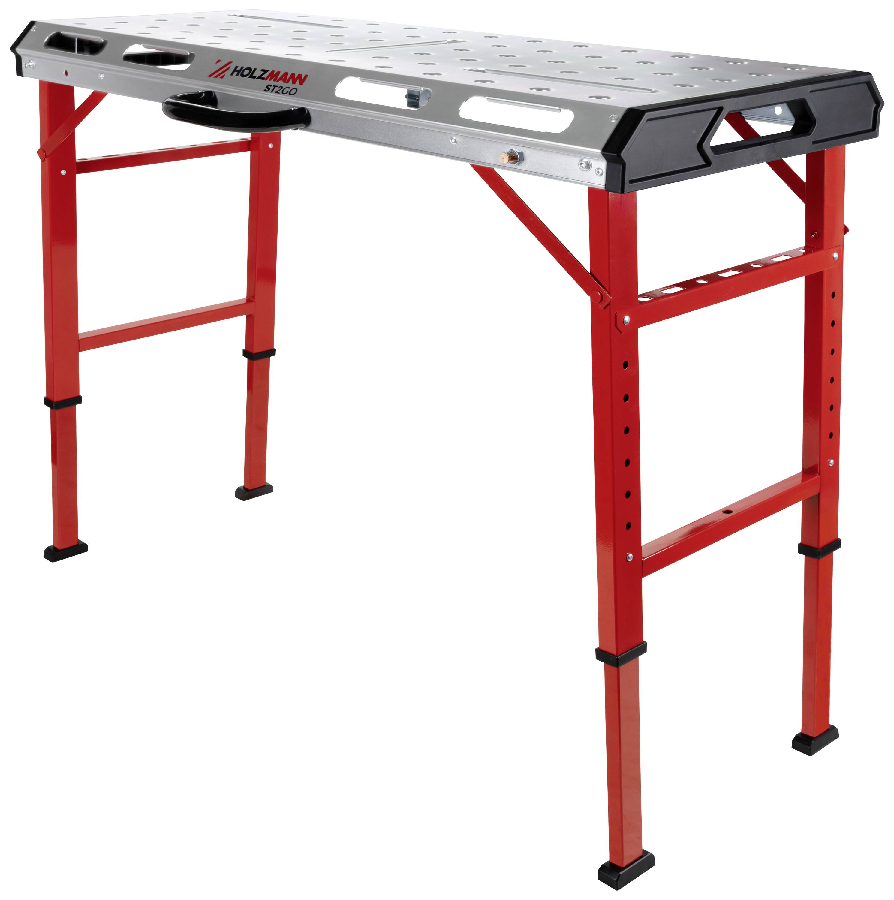Workbench with a red metal substructure and grey worktop. The surface has round holes for tool attachments.