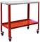 A red workshop trolley with a metal plate and lower shelf. The trolley has four wheels for easy movement.