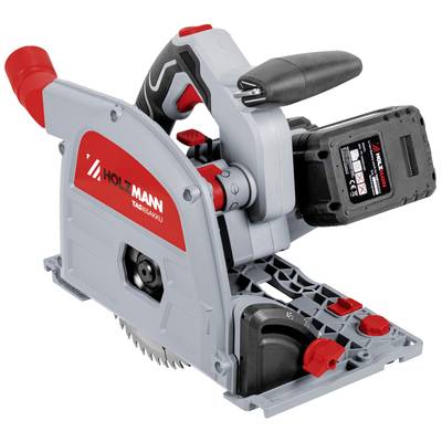 Battery-powered plunge saw in grey and red with a black battery. 'Holzmann' brand name visible on the side.