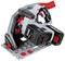 A grey and red cordless circular saw with two batteries and an adjustable cutting angle.