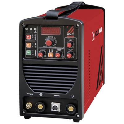 A red welding machine with a black front panel. Various buttons and displays for control. Brand name 'HOLZMANN' on the side.