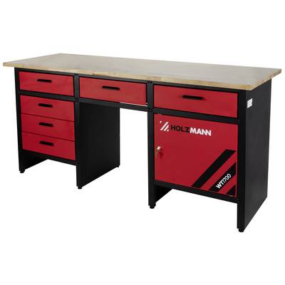 A black workbench with a wooden worktop, red drawers, and a cabinet labelled 'Holzmann' and 'WT700'.
