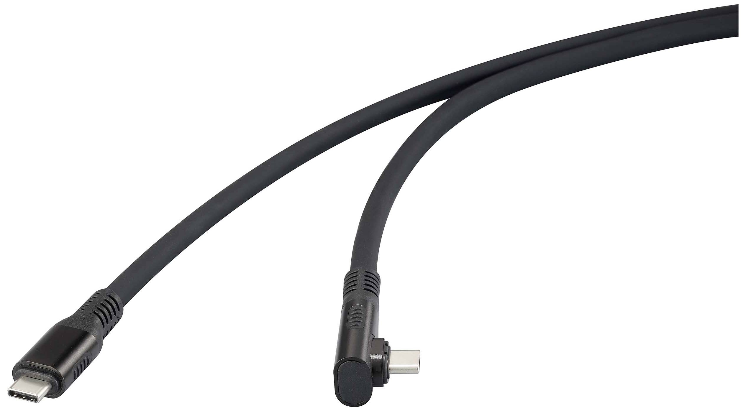 Two black USB-C cables with angled connectors, linked by a flexible cable, demonstrate versatile connection options.