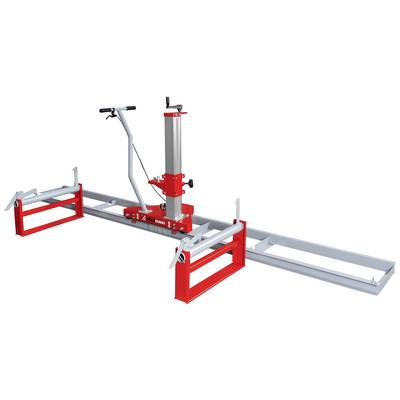 Mobile sawmill with a red frame and silver rail system. Suitable for cutting tree trunks into planks, with a transportable construction.