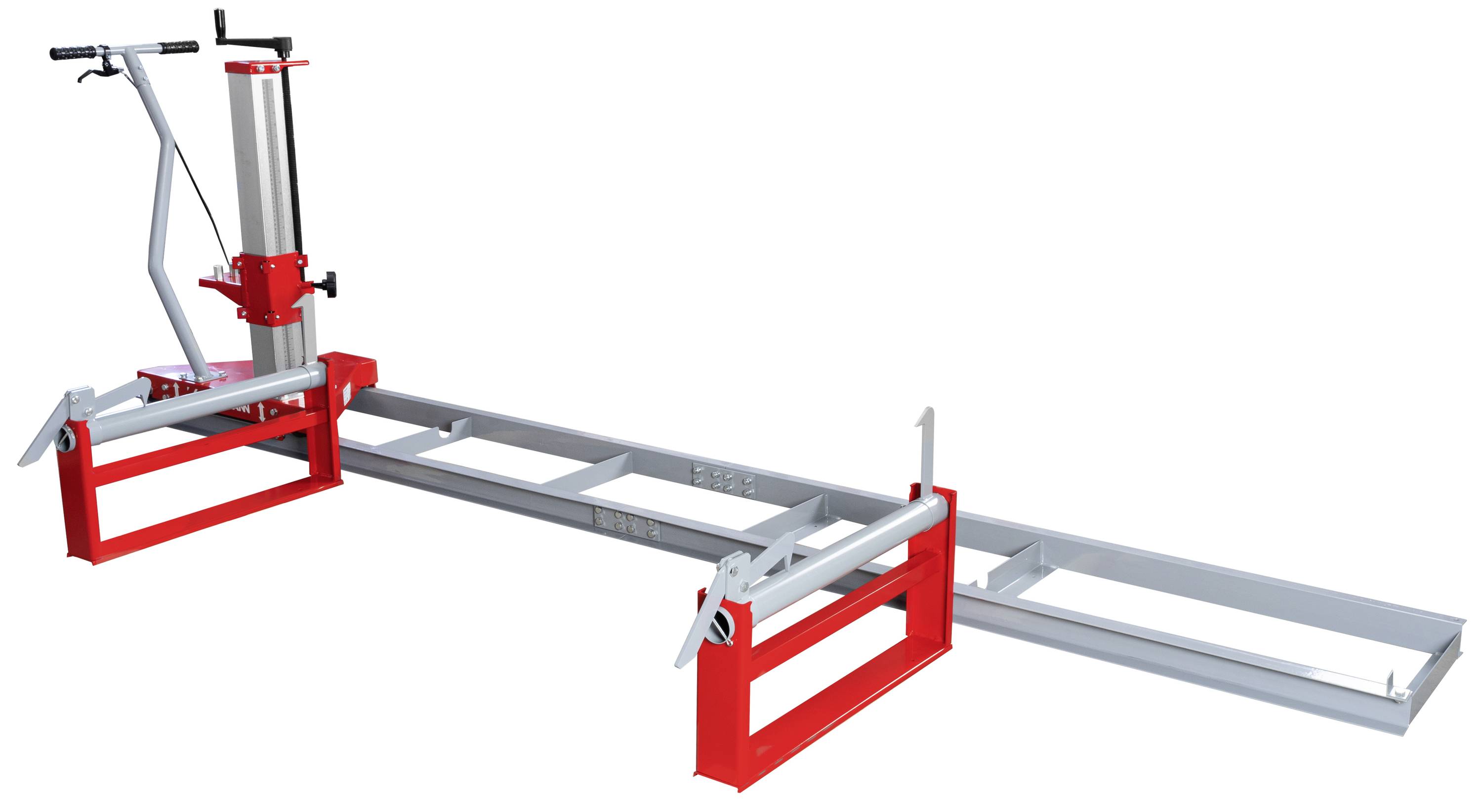 Mobile sawmill with red frame, long rail, and hand crank. Ideal for cutting large wooden beams on site.