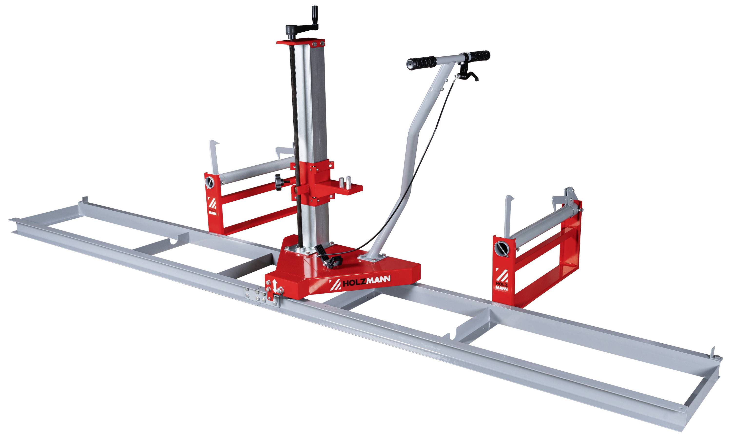 A red and grey mobile sawing carriage with handles, levers, and a frame, used for precise cutting of timber logs.