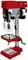 Pillar drill with a red housing and stand, equipped with a black drilling head and an adjustable drilling table.