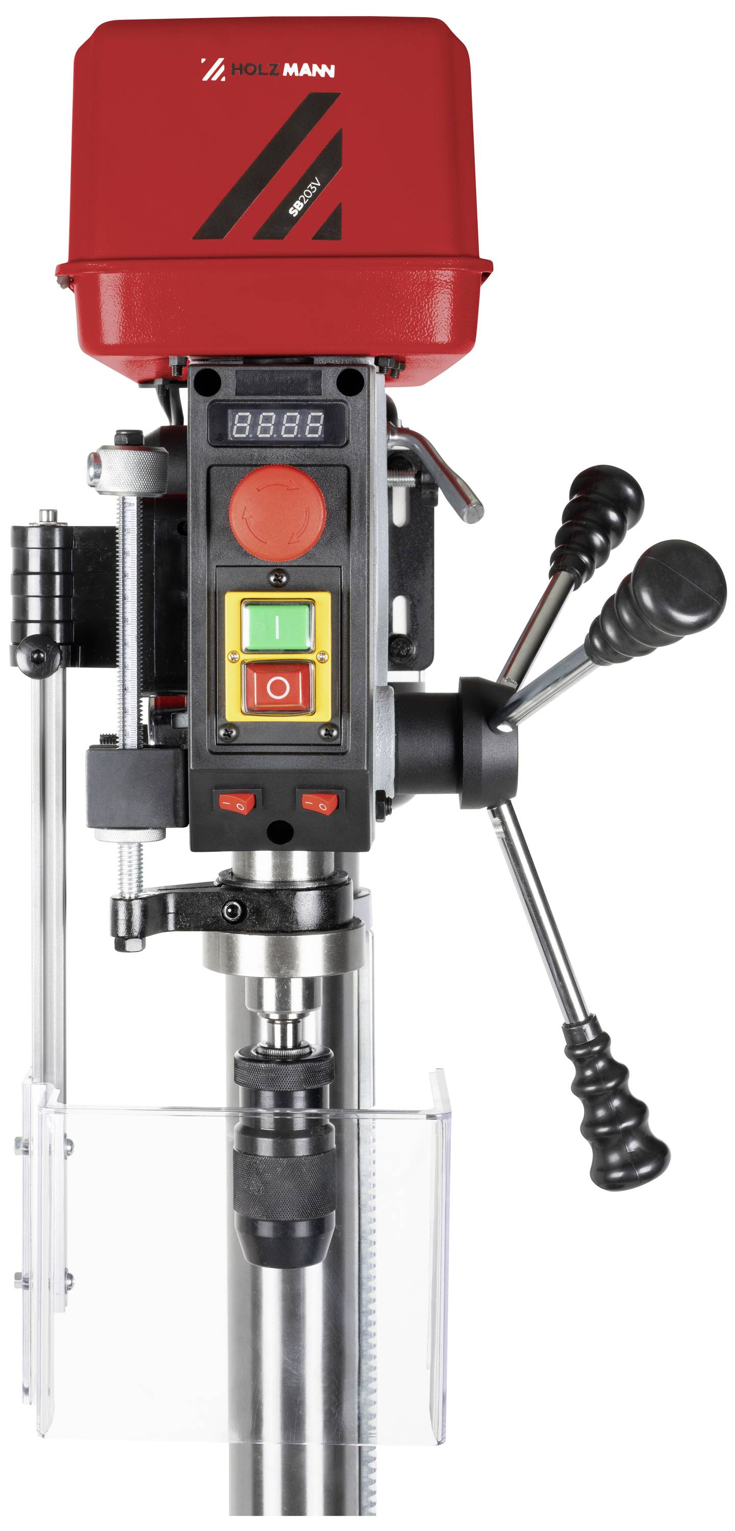 A red pillar drill with digital display and control buttons, three hand levers, and a safety housing at the bottom.