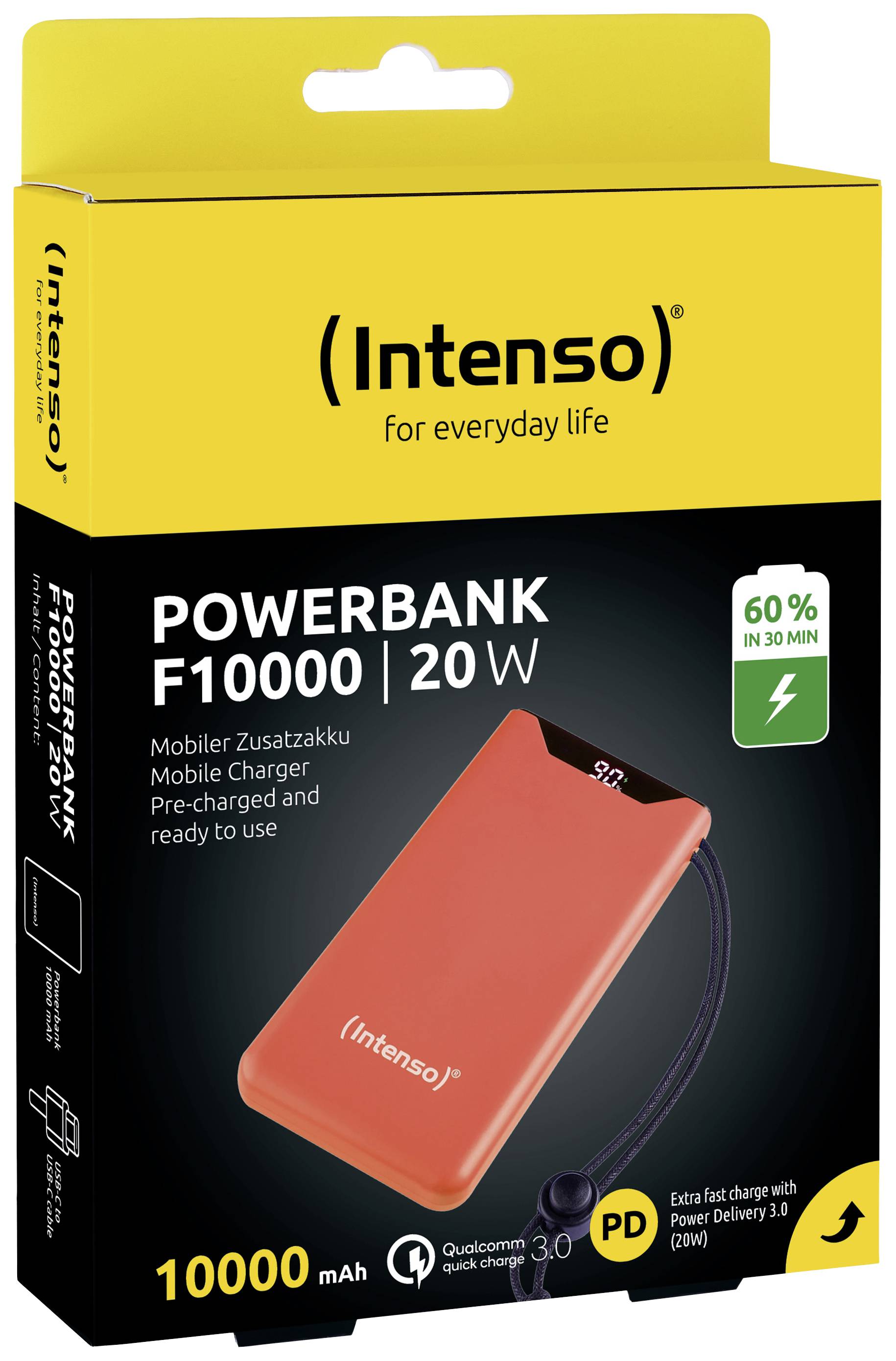 'Intenso Powerbank F10000 20W' in yellow packaging. Offers 60% charge in 30 minutes, 10000 mAh. Includes USB cable.