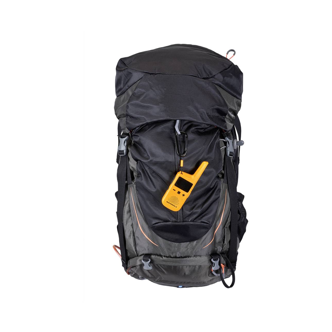 A large, black rucksack with an orange radio device attached to the front, suitable for hiking or camping.