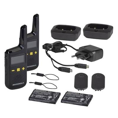 'Walkie-talkie set including chargers, batteries and clips. Two two-way radios with display and buttons for radio communication.'