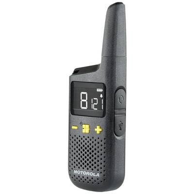 A black walkie-talkie with a digital display, yellow control buttons, and brand logo at the bottom.