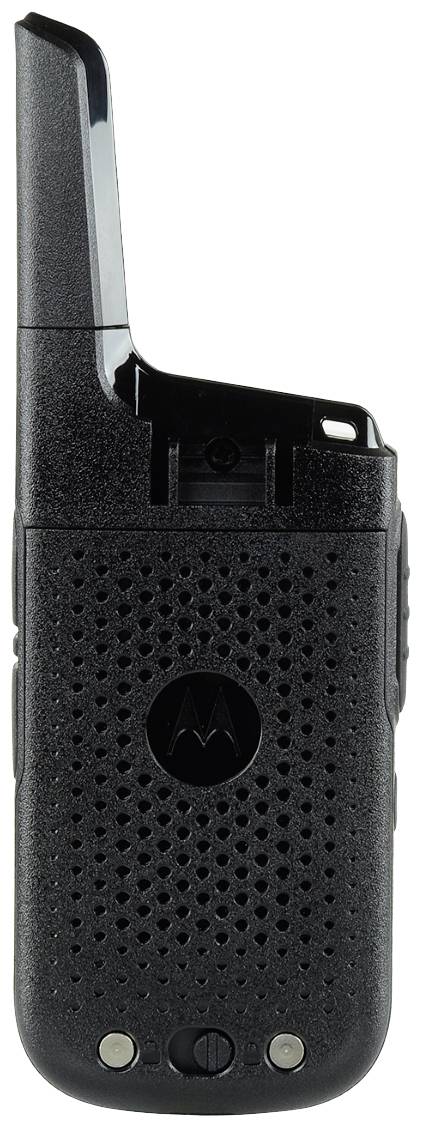 A black radio transceiver with an aerial and perforated pattern.