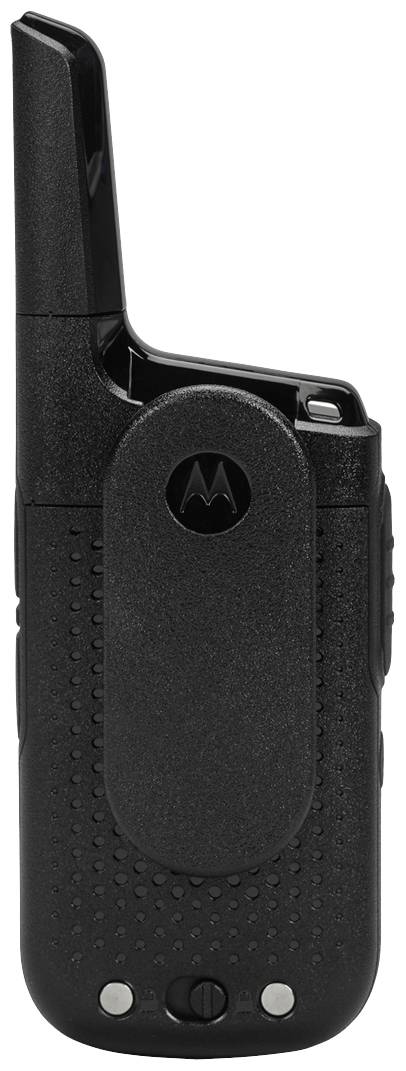 A black radio transceiver with a raised antenna and a belt clip.