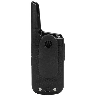 A black radio transceiver with a raised antenna and a belt clip.