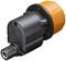 Electrical connection coupling with a black housing and orange cap, side view. Suitable for industrial applications.