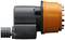 A black and orange mechanical adapter with multiple connectors, shown from the side.