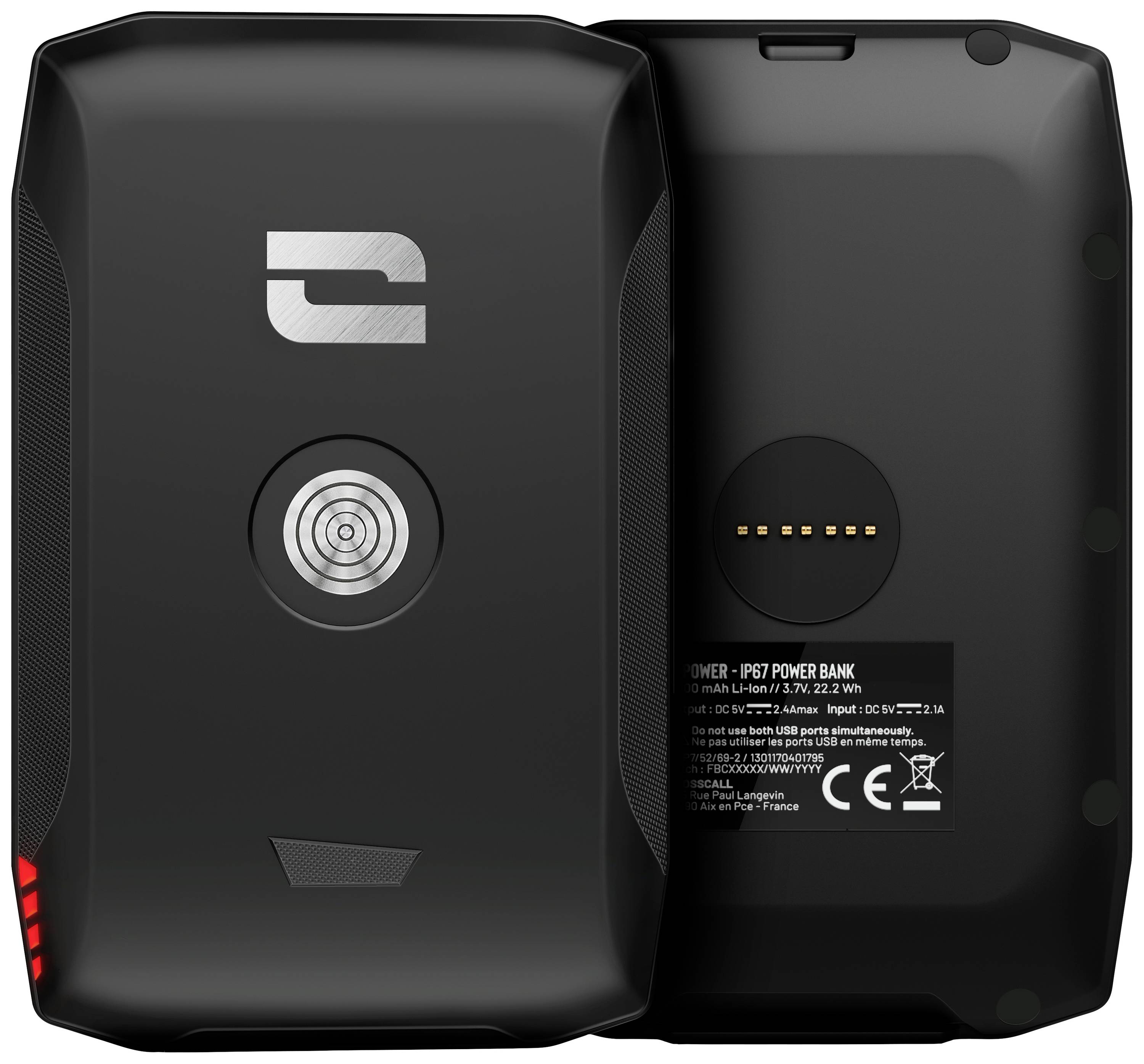 Two black power banks with a robust design, one displaying a logo and the other showing the ports and technical specifications on the back.