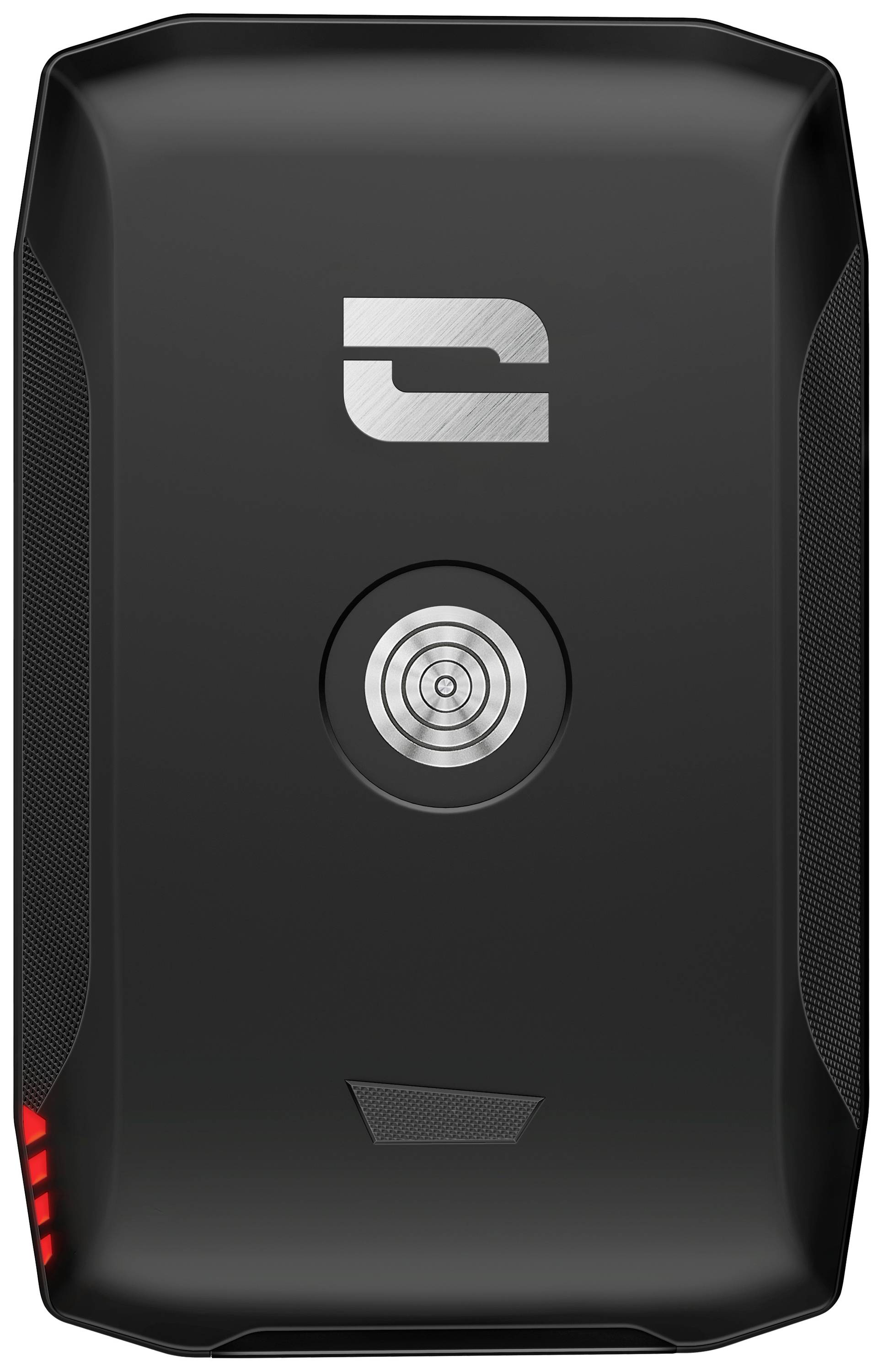 Black electronic device with a central circular pattern and silver-coloured icon at the top, including red details on the sides.
