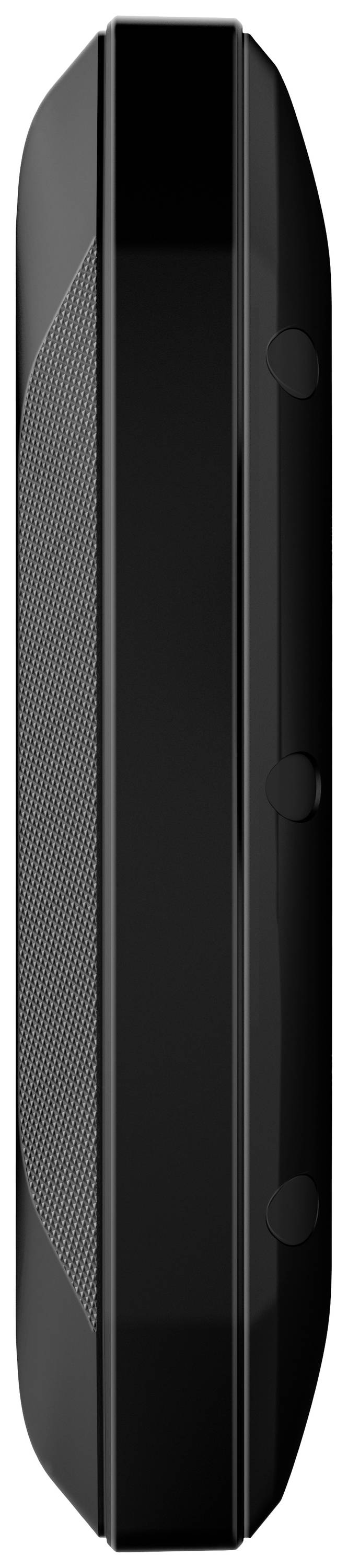 Side view of a black, rectangular device with rounded edges and two visible buttons on the right side.