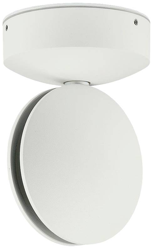 White, round ceiling light with adjustable head, suitable for wall or ceiling mounting. Minimalist design for modern spaces.