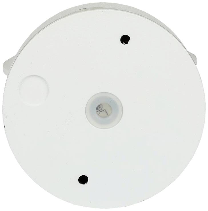 A round, white ceiling mount with a central camera aperture and two mounting holes, suitable for surveillance systems.