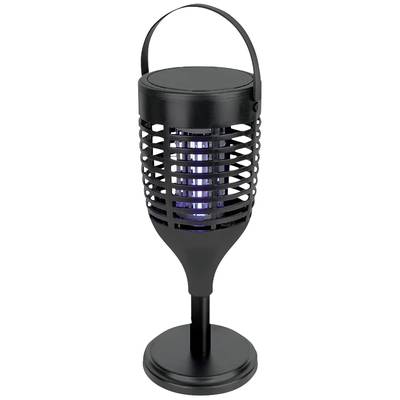 A black electronic insect trap with a lamp and grid, portable and suitable for outdoor use.