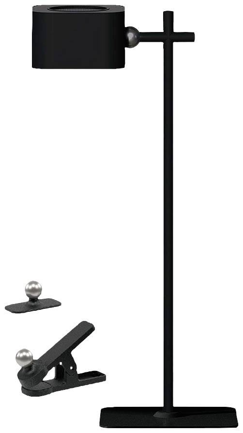 'Black modern table lamp with a simple base. Additionally includes a clip for versatile mounting options.'