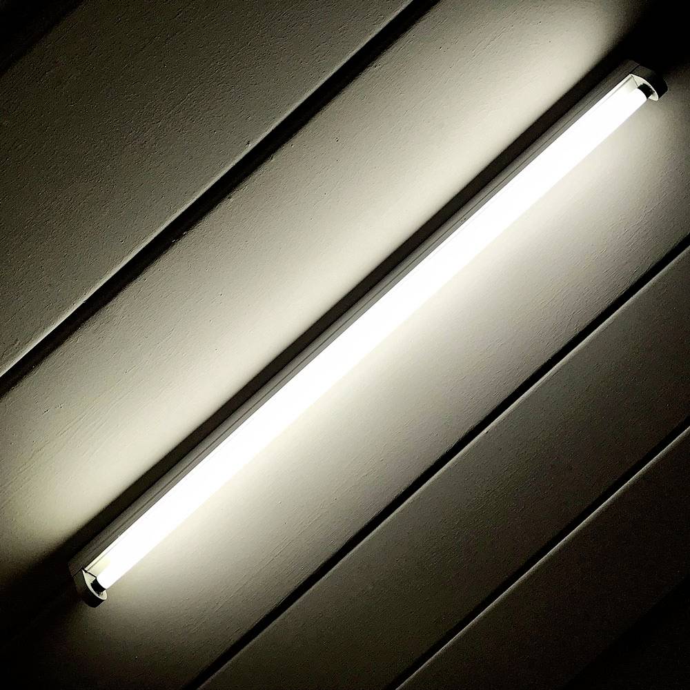 A bright fluorescent lamp is mounted on a wall and provides bright room illumination.