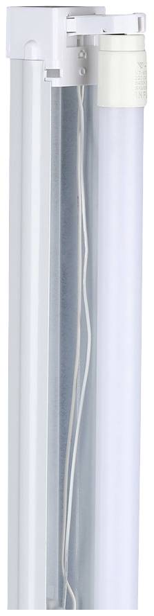 Single fluorescent tube in a silver fitting, vertically positioned, with visible wires inside a transparent tube housing.