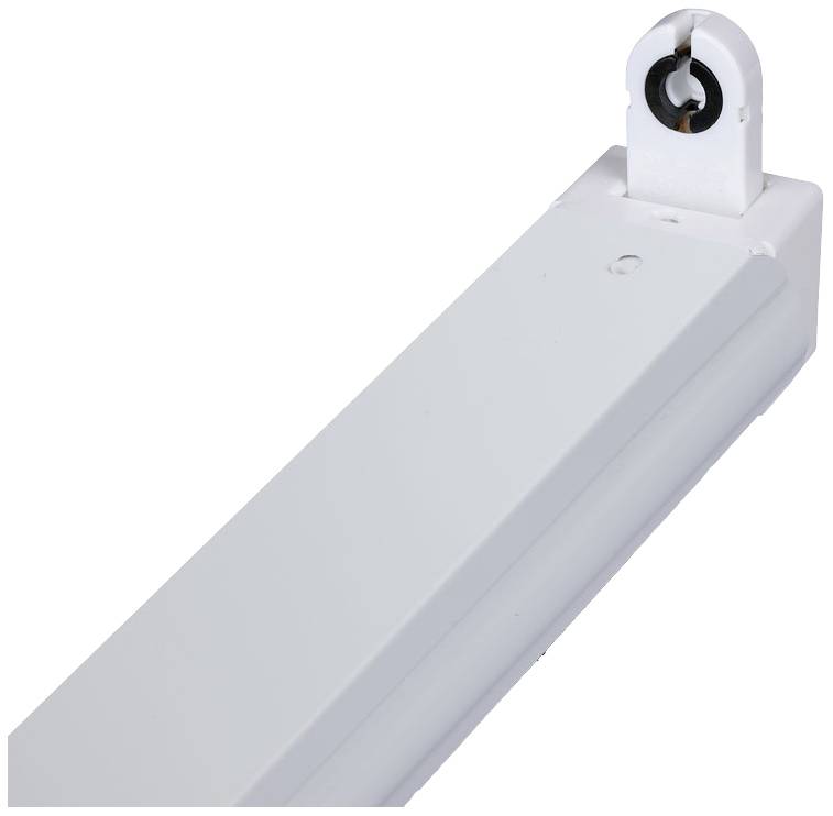White plastic fluorescent tube holder, suitable for the installation of linear fluorescent lamps.