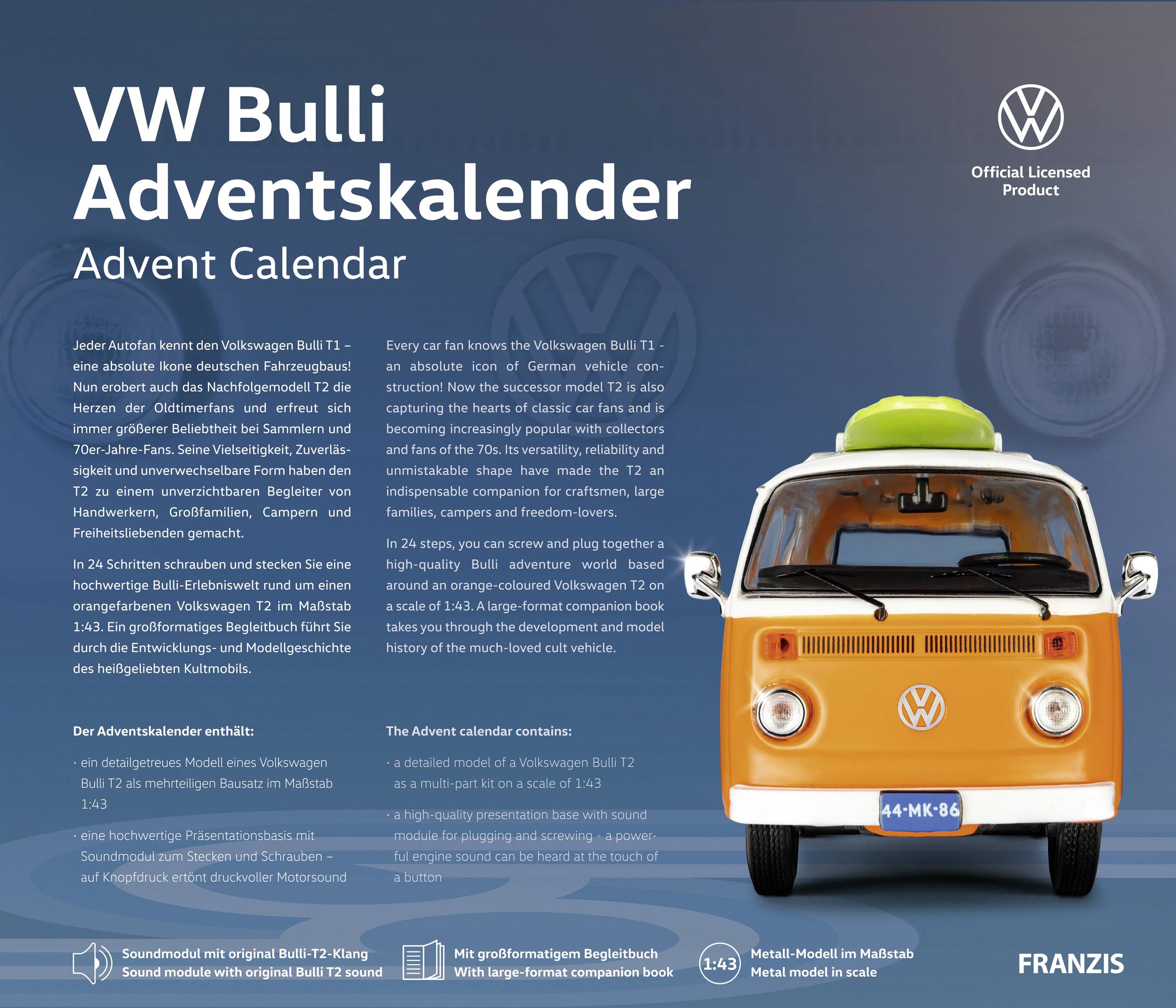 'VW Bulli Advent Calendar': Advent calendar package featuring a Bulli model shows an orange VW camper van toy on a blue background.