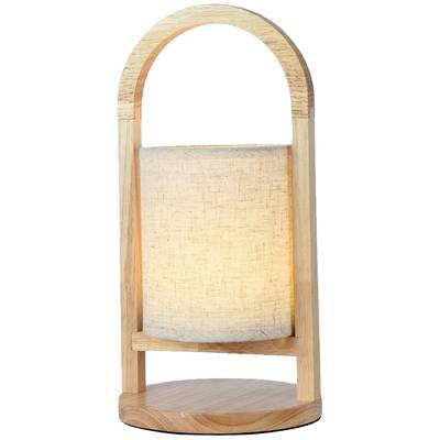 Wooden table lamp with a curved handle and a cylindrical lampshade made of light fabric, subtly illuminated.