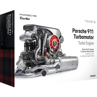 'Packaging of the Porsche 911 Turbo model kit, showing detailed engine model; includes instructions for building a six-cylinder engine.'