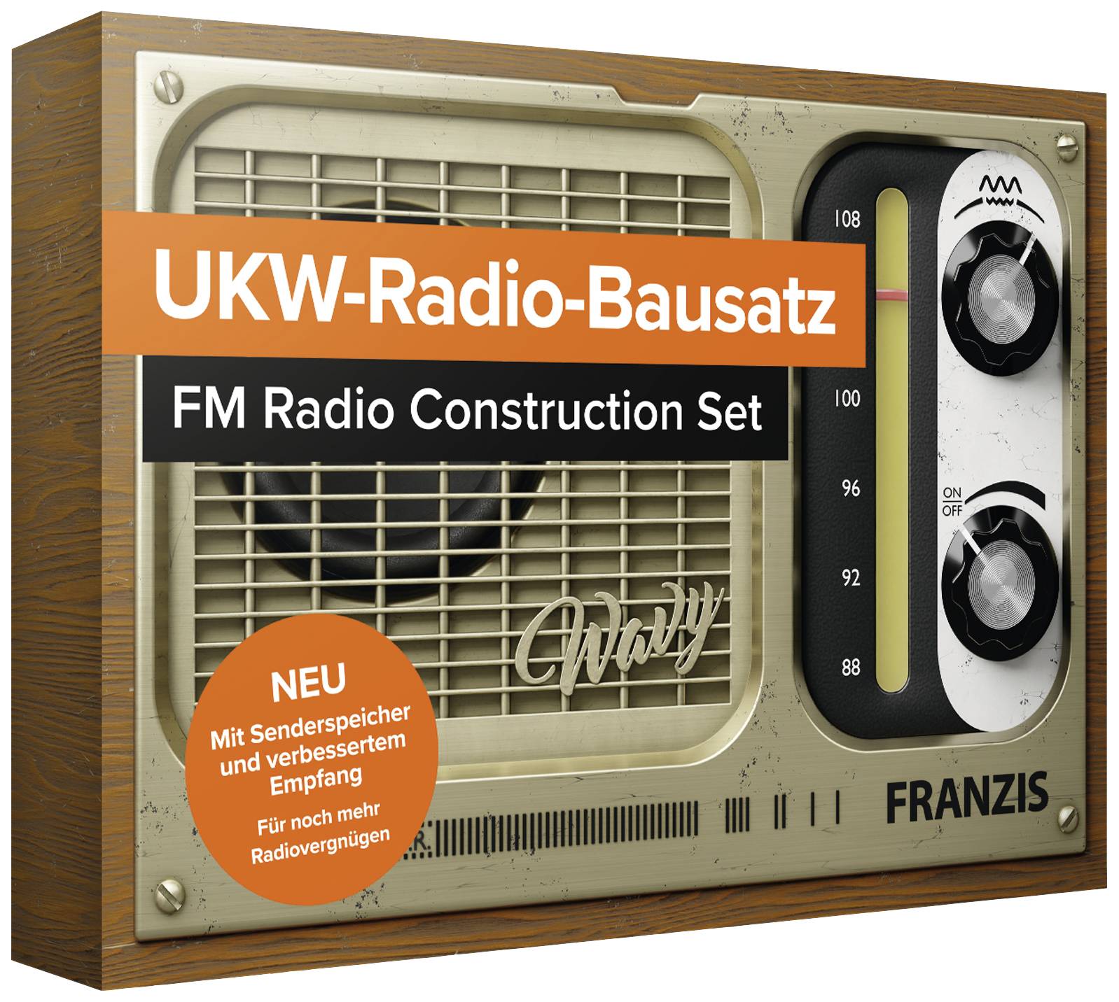'FM Radio Construction Kit' on the packaging of an FM radio kit. Retro design with scale display and tuning dial. Brand: 'FRANZIS'.