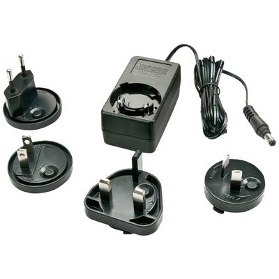 Power supply with interchangeable plug adapters for Europe, USA, United Kingdom and Australia. Suitable for various regions.