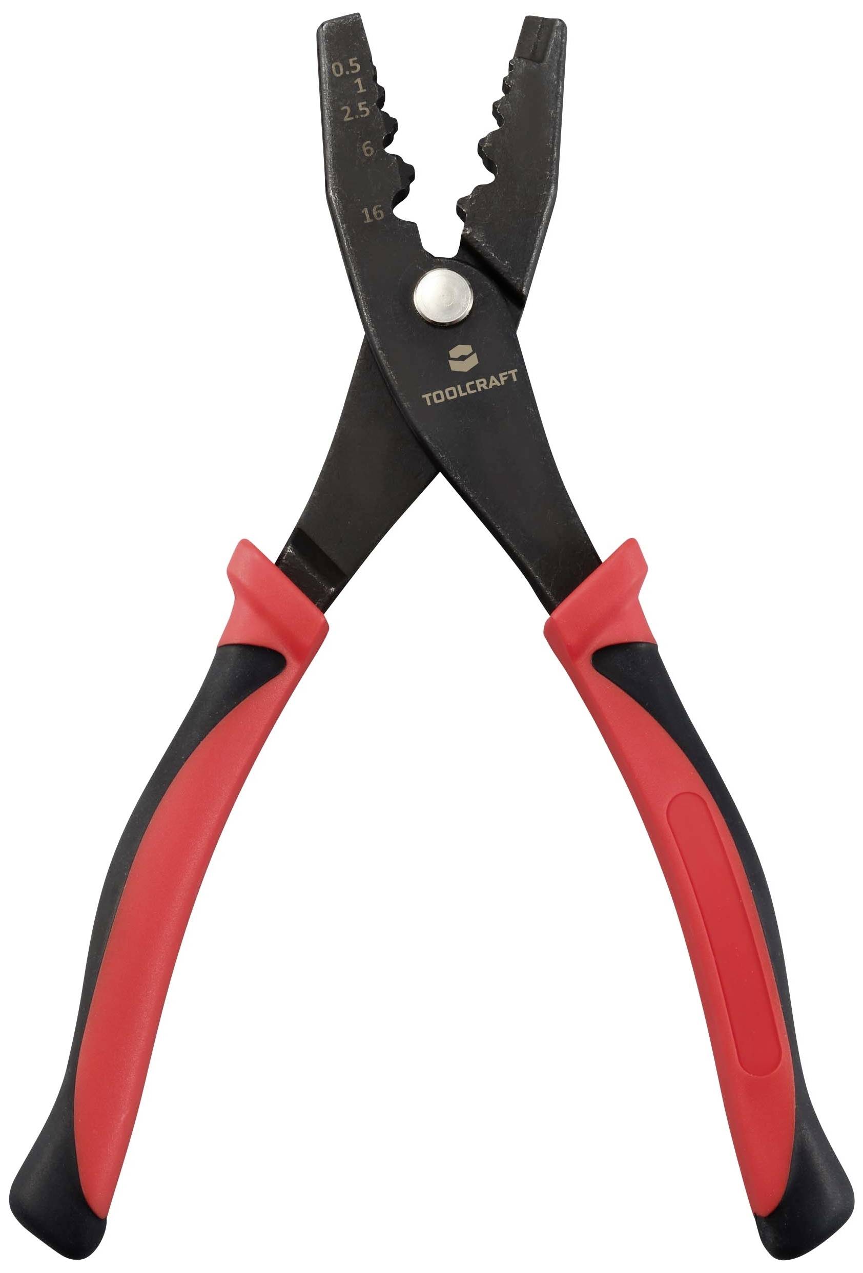 Black crimping pliers with red handles for stripping cables. Shows various size markings on the plier tips.
