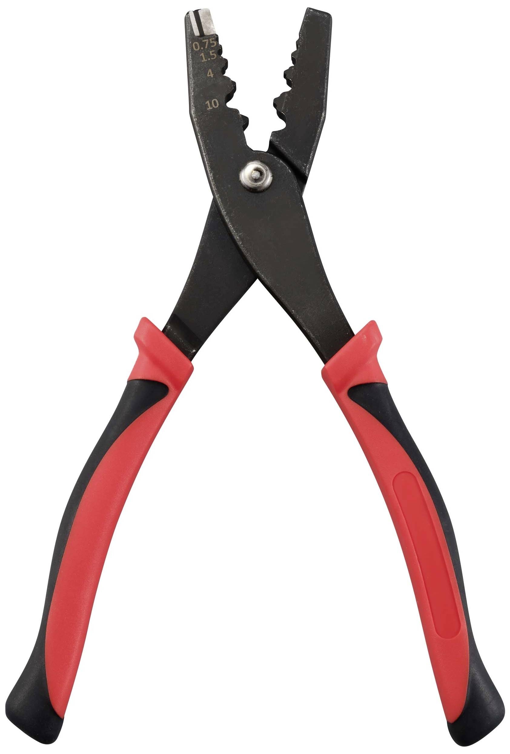 Wire stripping pliers with black and red handles, shown open. Suitable for stripping various cable thicknesses.